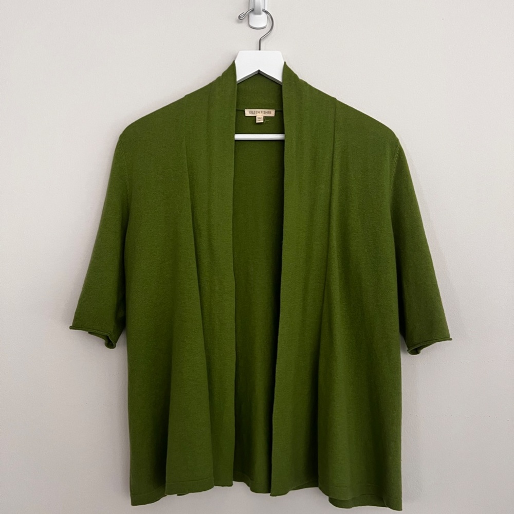 EILEEN FISHER Short Sleeve Spring Green Cotton/Cashmere Open Sweater Size M